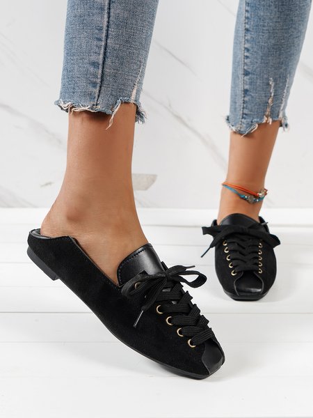 

Vintage Split Joint Lace-up Front Flat Loafers, Black, Flats