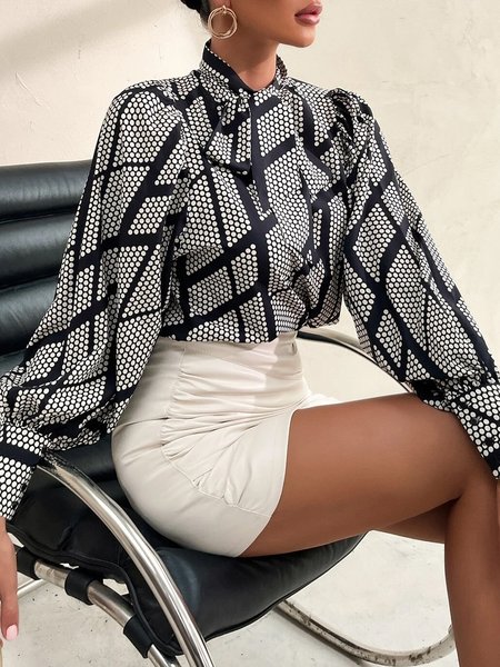 

Polka Dots Elegant Regular Fit Stand Collar Flare Sleeve Blouse, Black, Blouses and Shirts
