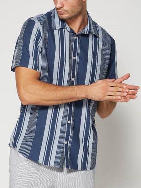 

Striped Chest Pocket Short Sleeve Casual Shirt, Blue, Men Shirts