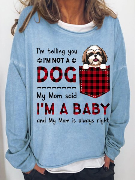 

Women's Lover I'm A Baby Best Dog Mom Plaid Loose Sweatshirt, Light blue, Hoodies&Sweatshirts