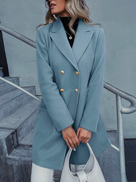 

Plain Casual Loose Woolen Buttoned Lapel Collar Overcoat, Blue, Trench Coats
