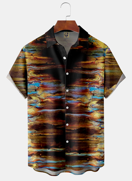 

Abstract Oil Painting Chest Pocket Short Sleeve Casual Shirt, Yellow, Men Shirts