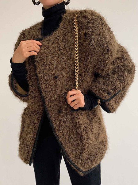 

Urban Plain Loose Long Sleeve Teddy Jacket, Brown, Cardigans