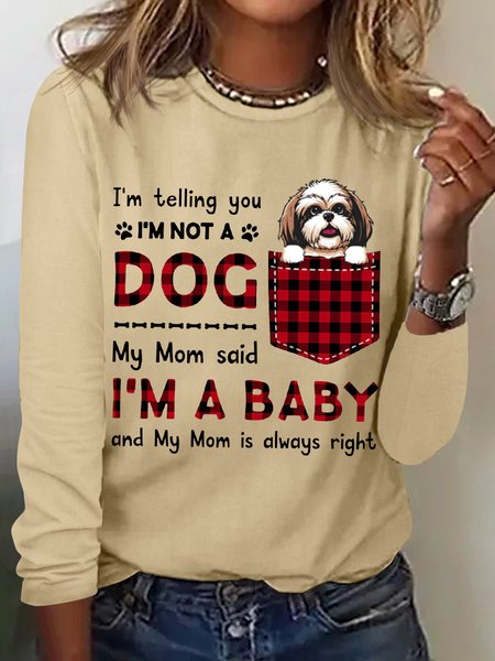 Women's Funny Word I'm A Baby Best Dog Mom Plaid Simple Cotton Blend Animal Crew Neck Long Sleeve Top
