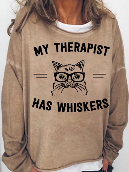 

Women's My therapist Has Whiskers Cat Lover Crew Neck Sweatshirt, Light brown, Hoodies&Sweatshirts