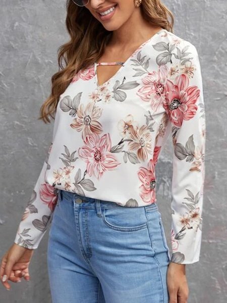 

Floral Print Cut Out Front Blouse, White, Tops