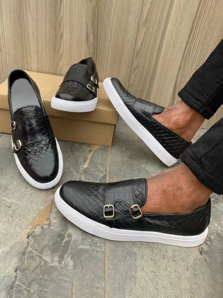 

Plus Size Double Buckle Decor Split Joint Loafers, Black, Flats
