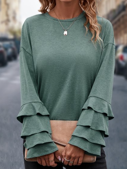 

Casual Crew Neck Flare Sleeve T-Shirt, Green, T-Shirts