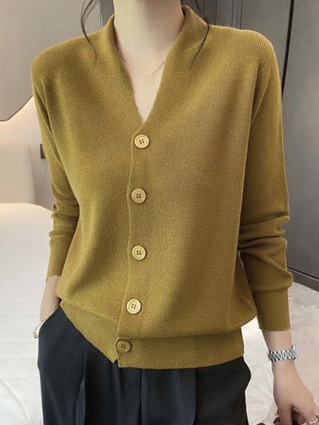 

Regular Fit V Neck Elegant Long sleeve Sweater Coat, Yellow, Cardigans
