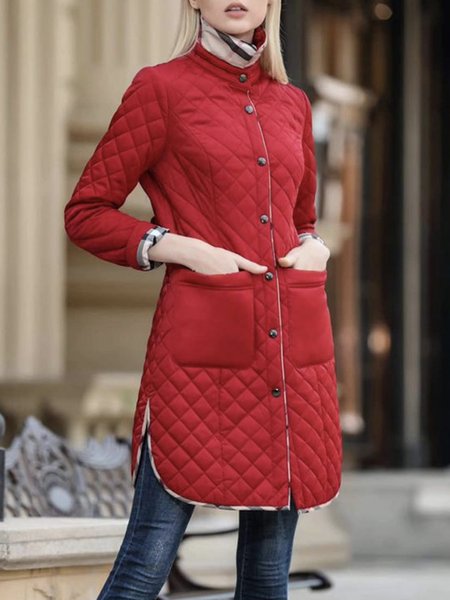 

Long sleeve Regular Fit Elegant Color Block Fleece Coat, Red, Others