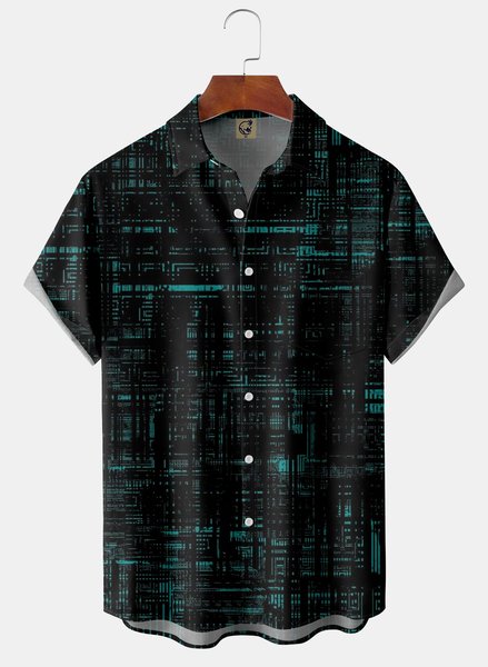 Abstract lines Chest Pockets Short Sleeve Caual Shirts, Green, Men Shirts