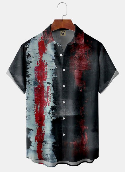 

Abstract Oil Painting Chest Pocket Short Sleeve Casual Shirt, Black, Men Shirts