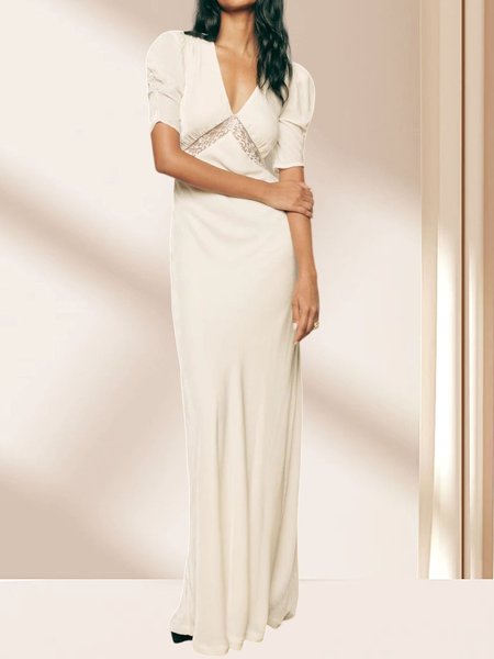 

Knitted Plain Spring Short Sleeve Party Dress, Apricot, Maxi Dresses
