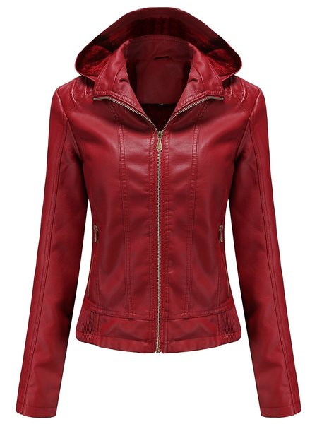 

Fleece Thermal Leather Jacket With Detachable Hood, Wine red, Jackets