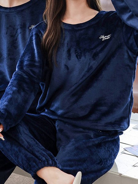 

Warm Coral Fleece Pajama Set Long Sleeve Pants Loungewear Plus Size, Deep blue, Suits