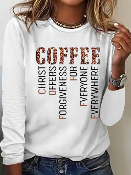 

Womens Christ Coffee Lover Casual Crew Neck Top, White, Long sleeves