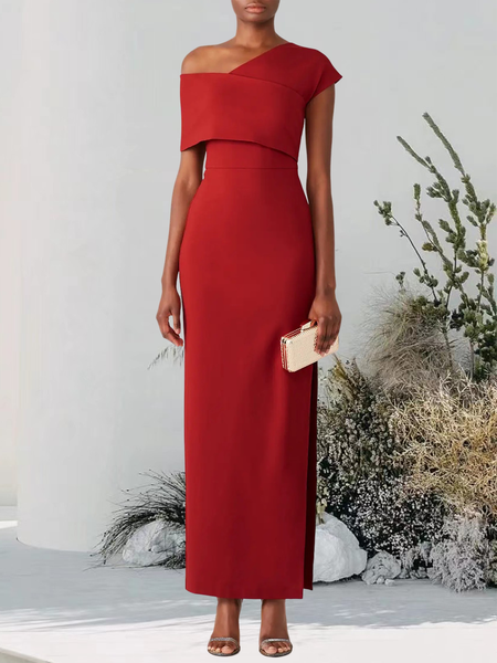 

Elegant Satin Plain Dress & Party Dress, Rose red, Maxi Dresses