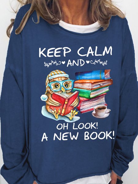 

Women's Keep Clam Book Owl Simple Crew Neck Sweatshirt, Dark blue, Hoodies&Sweatshirts