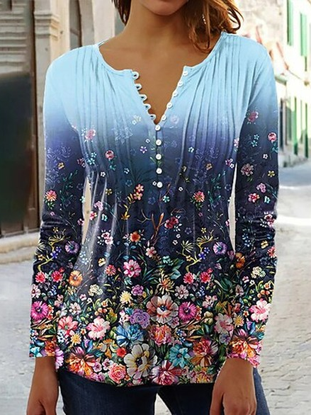 

Floral Regular Fit Casual V Neck T-Shirt, Multicolor, T-Shirts