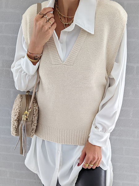 

Plain V Neck Casual Regular Fit Sweater, Off white, Sweaters
