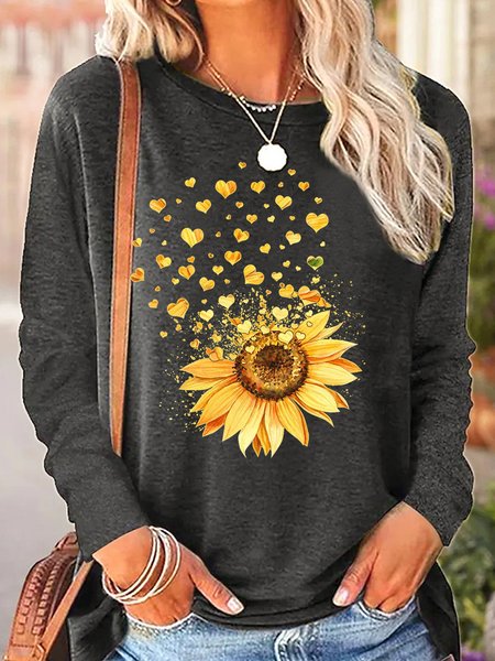 

Women's Sunflower Heart Crew Neck Simple Regular Fit Long Sleeve Top, Gray, Shirts & Blouses