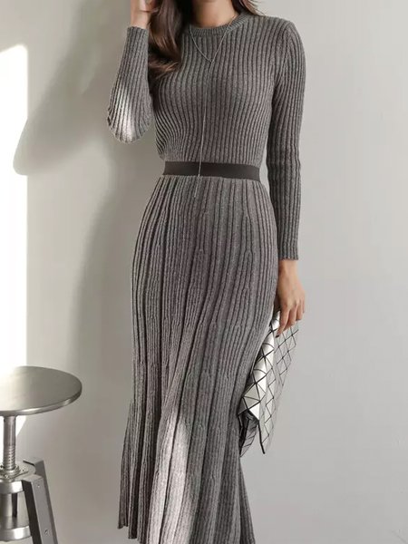 

Plain Elegant Crew Neck Long sleeve Dress, Gray, Midi Dresses