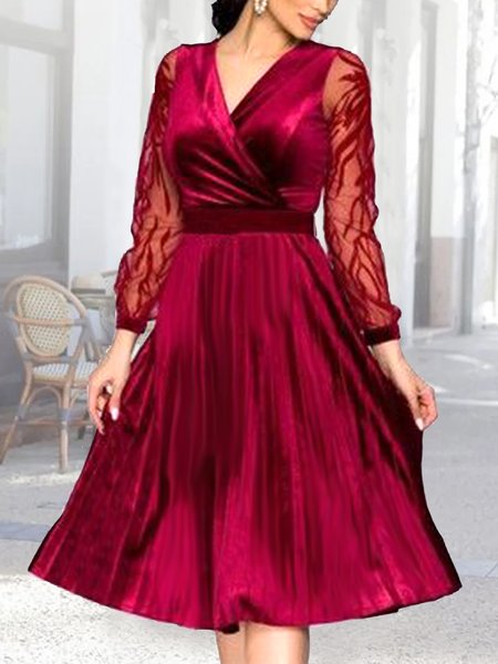 

Velvet Regular Fit Lace Elegant Dress, Red, Dresses