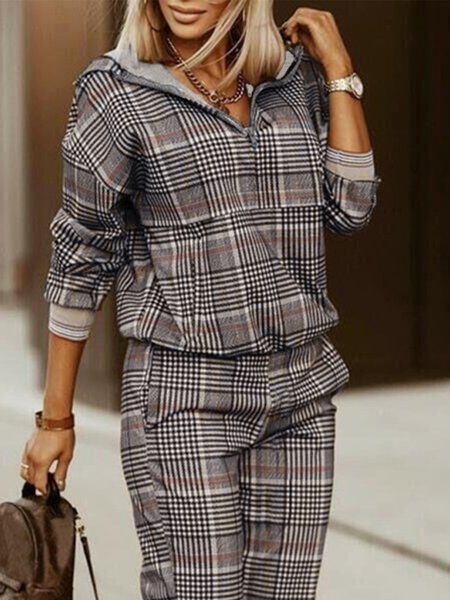 

Casual Loose Plaid Long Sleeve Sweatshirt, Gray, Hoodies and Sweatshirts