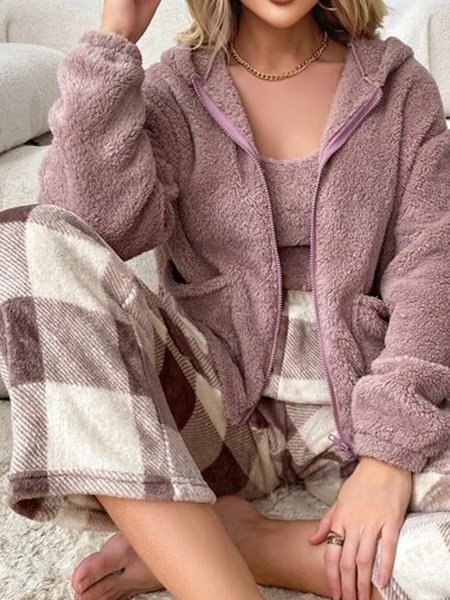 

3pcs Buffalo Plaid Pattern Drop Shoulder Zipper Hooded PJ Set, Nudepink, Clothing