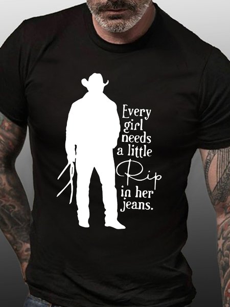 

Men’s Every Girl Needs A Little Rip In Her Jeans Text Letters Casual Loose T-Shirt, Black, T-shirts