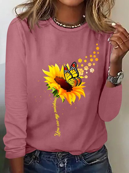 

Women's Butterfly Paw Print Blooms Sunflower You Are My Sunshine Cotton-Blend Simple Long Sleeve Top, Pink, Long sleeves