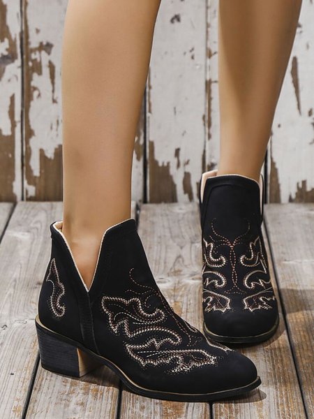 

West Style Embroidered Detail Chunky Heeled Booties, Black, Boots