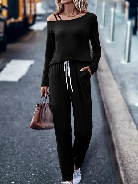 

Plain Casual Loose Cold Shoulder Two-Piece Set, Black, Suit Set