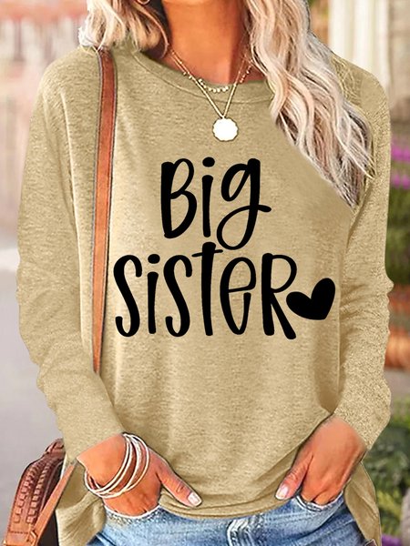 

Women’s Big Sister Regular Fit Text Letters Cotton-Blend Simple Long Sleeve Top, Khaki, Long sleeves