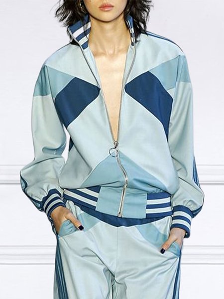 

Geometric Loose Urban Stand Collar Jacket, Blue, Jackets