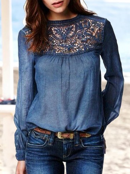 

Crew Neck Elegant Plain Lace Top, Blue, Tops