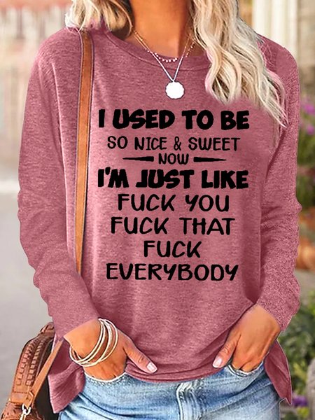 

Women’s Funny Letter Crew Neck Casual Top, Rose red, Long sleeves