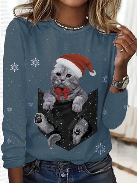 

Loose Crew Neck Casual Christmas T-Shirt, Blue, T-shirts
