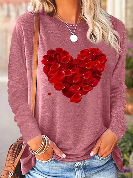

Women's Heart Flower Print Casual Top, Rose red, Long sleeves