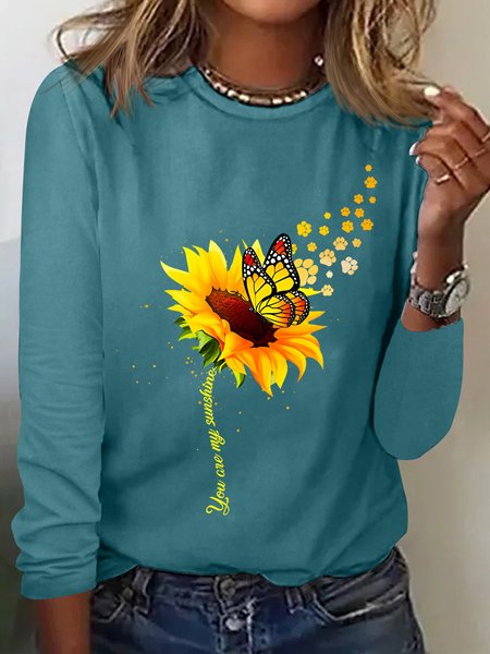 

Women's Butterfly Paw Print Blooms Sunflower You Are My Sunshine Cotton-Blend Simple Long Sleeve Top, Green, Long sleeves