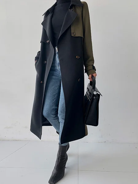 

Lapel Collar Urban Loose Color Block Trench Coat, Black, Coats