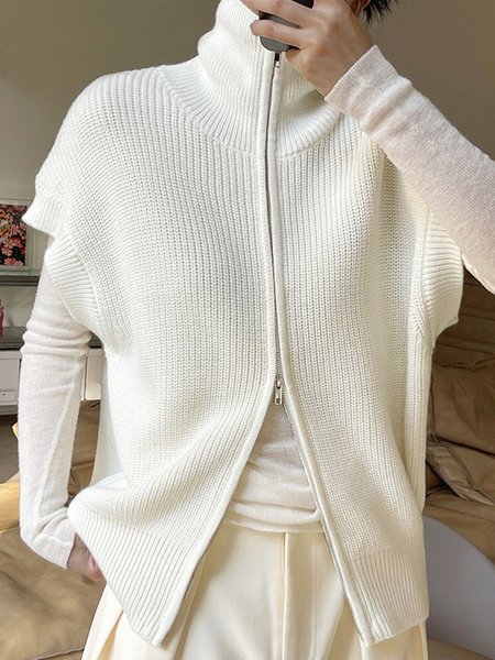 

Loose Stand Collar Casual Plain Vest, White, Outerwear