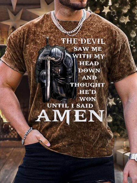 

Men's The Devil Saw Me With My Head And Thought He'd Won Until I Said Amen Funny Graphic Bleach Print Crew Neck Casual Text Letters T-Shirt, Brown, T-shirts