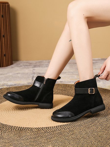 

Vintage Buckle Decor Zipper Side Riding Boots, Black, Boots