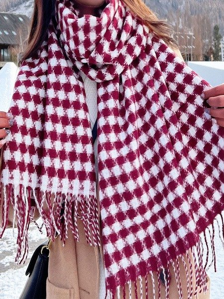 

Diamond Casual Yarn Tassel Scarf, White-red, Women Scarves & Shawls