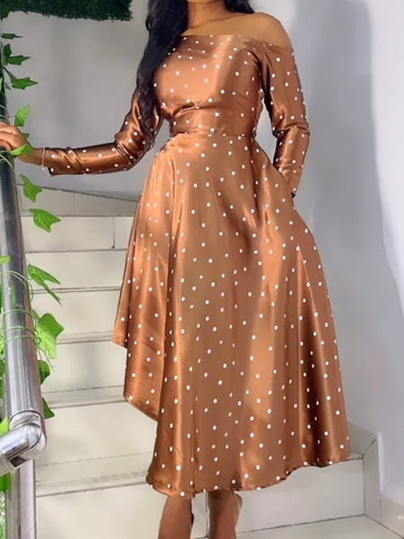

Regular Fit Asymmetrical Polka Dots Long sleeve Elegant Long Dress, Brown, Maxi Dresses