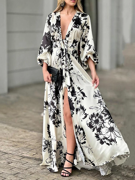 

Floral Urban Loose V Neck Long sleeve Long Dress, As picture, Maxi Dresses