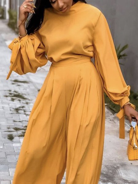 

Long sleeve Crew Neck Regular Fit Plain Elegant Blouse, Yellow, Blouses and Shirts