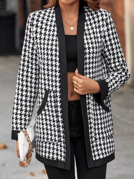 

Casual Loose Plaid Wrap Jacket, Black-white, Outerwear