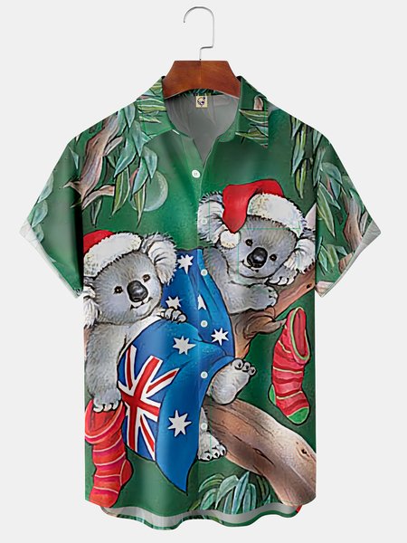 

Christmas Koala Chest Pocket Short Sleeve Casual Shirt, Green, Men Shirts